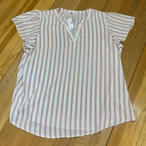 Maurices Womens 1X Striped Flutter Sleeve V Neck Blouse Top White Pink‎ NWT